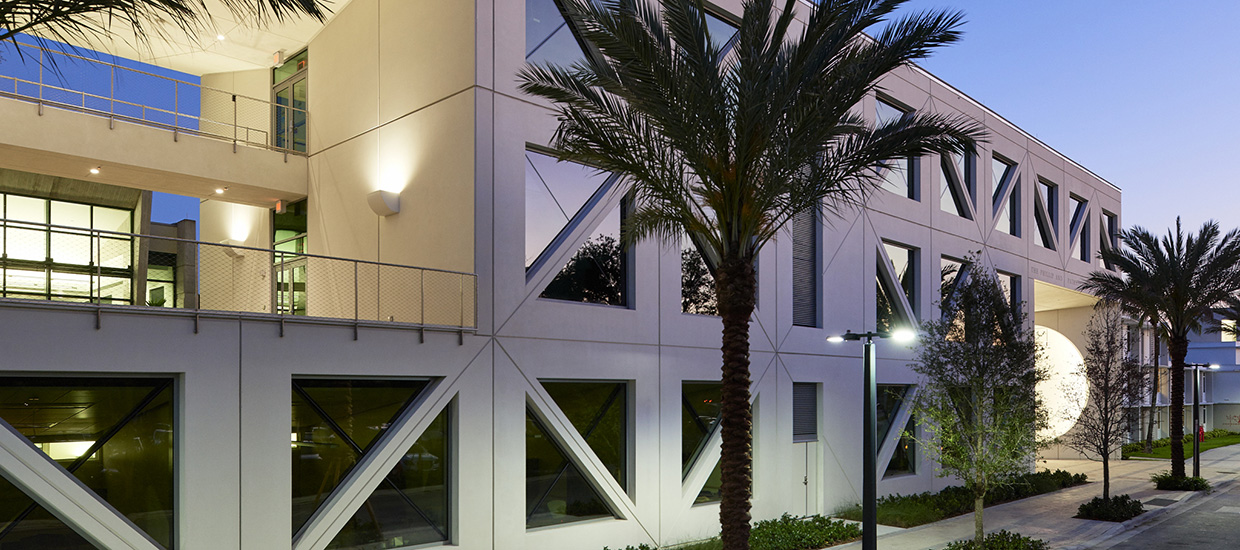 Exterior of a building at the Frost School of Music located at the University of Miami Coral Gables campus